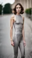 Placeholder: photography of a beautiful anorexic woman, grey satin triathlon top, brunette wavy bob haircut, flat chest, grey satin cycling leggins