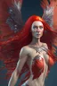 Placeholder: Full body shoot of stunning beauty woman royal phoenix woman with long red hair fluttering in the wind and scaly wings, minimal clothing, extremely muscular, dynamic pose, perfect detailed face, detailed symmetric hazel eyes with circular iris, realistic, stunning realistic photograph, 3d render, octane render, intricately detailed, cinematic, trending on artstation, Isometric, Centered hipereallistic cover photo, awesome full color, hand drawn, dark, gritty, mucha, klimt, erte 12k, high defin