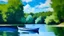 Placeholder: készíts egy festményt Cézanne stílusában az alábbiak szerint: sima felületi kék tó, rajta egy kis vitorlás csónak