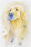 Placeholder: abstract watercolour of a golden retriever dog’s head in the style of Valerie Davide with bifurcated circles and thin pencil lines