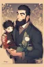 Placeholder: man with beard, handsome and happy, holding wife with black hair. Romantic and in love