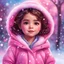 Placeholder: Digital painting of a cute little girl in a stylish pink jacket, front view, Anna's face, dark wavy hair, hazel eyes, rosy cheeks, pink lips, Disney art, snowfall, colorful bokeh background, digital painting style, High Quality, 4k