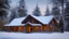 Placeholder: log house in the woods. snow. Christmas lights and decorations. driveway. mailbox. Christmas tree in front tog the house.