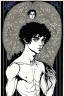 Placeholder: Black haired blue eyed freckled young male satyr alchemist in the style of aubrey beardsley