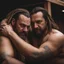 Placeholder: half figure shot photography of two angry gipsy 41 years old burly chubby ugly men embracing tightly, dreadlocks, shirtless, in a sauna