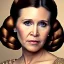 Placeholder: realistic analog style photography, Beautiful photorealistic close up face of carrie fisher, soft ethereal skin, symmetrical short hairstyle,studio lighting, sharp brown eyes, dark plain background