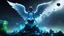 Placeholder: angel with a wings siting on the blue monolith made of blue tiberium crystals of lights, matrix universe, planets on the back grounds, green crystals of tiberium on the life and right