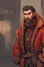 Placeholder: man, medieval, fighter, russian, croocked nose, czar, rich, simple clothes, short messy hair, thick beard, oligarch, leather coat with fur, brocade clothes, pencil drawing, black or red hair, muscles, background frame, 28 years old