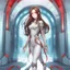 Placeholder: A confident woman with long brown hair and red eyes, stepping out of a portal wearing futuristic clothes, colored manga style, intricately detailed