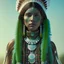 Placeholder: New Mexico pueblo Indian female, pueblo indian, 12k, ultra high definition, finely tuned detail, unreal engine 5, octane render, ultra realistic face, realistic headress, detailed make-up, green chile, zia, detailed turquoise jewelry, detailed hair, detailed feathers, green chile background