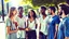 Placeholder: four happy people discussing health and wellness on a street, close up, bokeh