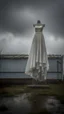 Placeholder: A wet washed wedding dress hanging on a drying cloths rob , in a stormy foggy sky in the background