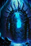 Placeholder: Glowing spiked iron entrance to a scary scifi blue mine at night steampunk rpg painterly art