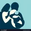 Placeholder: full view, flattened vector image icon of a man and woman holding a baby in a bundle, dark blue and light blue color palette, transparent background.