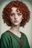 Placeholder: fifteen-year-old girl with short, blood-red curls, green eyes, dressed in a green tunic