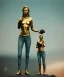 Placeholder: Statue of Queen of photography holding camera in hands. Cute blonde woman. Photographer in golden crown. Standing on the street. Big camera in her hand. hyperdetailed, photorealistic, trending on artstation, greg rutkowski, beksinski, kodachrome, volumetric lighting, gold and cyan