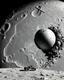 Placeholder: aerial lunar reconnaissance satellite image of a young impact crater with larger regolith along right ride. A damaged metallic alien sphere with fracture lines like an egg. organic growth across regolith and up crater walls. Along the lower frame edge a small modern bare-bones lunar-vehicle sits near the rim with visible wheel tracks. comic pencils