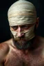 Placeholder: a very sad hurt man with beard, he is covered all the body with bandage and are in deep pain, only the eyes