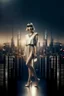 Placeholder: full body picture of a skinny woman with a bob, a fringe hairstyle, 1920s flapper clothing, futuristic city background