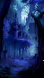 Placeholder: An ancient abandoned elvish city that a forest has grown over, over the centuries in high fantasy style blueish purple hue