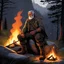 Placeholder: The old ranger, weathered by years of wandering the untamed lands, sets his campfire at the edge of the dense forest. Perched on a hill, a large rock provides shelter from the rain, its shadow dancing in the flickering orange light of the fire. The flames cast eerie shadows on the old ranger's face, highlighting his rugged features and world-weary gaze. Around him, the night is alive with the sounds of the forest.