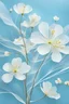 Placeholder: Transport yourself to a peaceful summer day with a modern, abstract line art of a deep light blue background, featuring delicate line-work with white lines of pear tree petals blossoming. The simple lines of the petals are gently swaying, adding a sense of movement and life to the tranquil scene. The petals are scattered throughout the whole background. The vibrant contrast between the soft petals and the bold blue is simply breathtaking. Focus on the details of the lines that form the petal