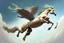 Placeholder: antrophpmorphic half-human, half-horse creature (Centaur) with human head flying after a dynamic jump in the sky