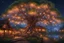 Placeholder: The tree of Heavens, huge tree floating heaven, warm and cozy, many huts on the tree, people, huge railing, firelights, blossoms, christmas decorations, fireflies, beautiful, Serene, Warm place