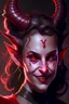 Placeholder: Portrait of a Dungeons and Dragons Tiefling girl with deep red sin, pretty, beautiful, symmetrical horns protruding fromn forehead, devil horns, smile, epic lighhting, cinematic, fantasy, , high quality, best quality, high definition, masterpiece, 8k, artstation, artwork, concept art