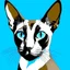 Placeholder: Create an Andy Warhol style illustration of a chocolate point Oriental shorthair Siamese with blue eyes.