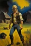 Placeholder: 1970's dark fantasy cover dnd style oil painting of a hobo skinny farmer entrepeneur blonde man with sport outfits with minimalist far perspective. Magazine.