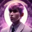 Placeholder: man, cute face, white highlight hair, brown eye, white, skin, purple suits, futuristic, science, purple, blue, dark pink background lighting, technology, profile, asian boy, square face, light orange