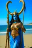 Placeholder: A picture of a blue faced Indian goddess with skin painted blue, blue body, wild black hair, stag horn antlers, elven ears, golden skirt, holding a staff on a sunny beach