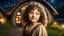 Placeholder: Little very young hobbit girl, beautiful, confident, calm, wise, happy, innocent, facing camera, head and shoulders, curly hair, hobbit clothing, perfect eyes, LOTR village, hobbit homes with circular windows and circular doors, night scene, stars, fireflies, 16k artistic photography, exquisite composition, photorealistic concept art, soft natural volumetric light, chiaroscuro, award-winning photograph, masterpiece, style William-Adolphe Bouguereau