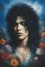 Placeholder: Chiaroscuro lighting, deep shadows, rich deep colors, facial portraits, 1980, 15-year-old Elvis Presley, ((1980's big hair, long, teased up Spikey Motley Crue style hair)), black hair, facial portraits, foggy, cloudy blue wall with assorted designs and multiple floral arrangements in the background, 4k, 8k, 16k, 32k, 100k UHD, Ultra-Hyper Resolution, dark, sultry eyeshadow, eyeliner, mascara, rouge, lipstick, from the rock and roll band KISS