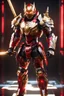 Placeholder: Ninja assasin mechanical robo warrior character, anthropomorphic figure, wearing futuristic mecha warrior armor and weapons, reflection mapping, realistic figure, hyperdetailed, cinematic lighting photography, 32k uhd with a golden staff, red lighting on suit