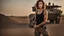 Placeholder: beautiful slender caucasian female technician, black tank top, well toned muscles, weathered face, scratched sand camo metal details, short brunette wavy bob haircut, dystopian, desert scene, using a handheld sensor