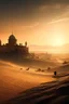 Placeholder: Ciudad antigua abandonada oculta en en el desierto tapadas en gran medida por las arenas vista desde una perspectiva panorámica iluminada por el atardecer en donde en segundo plano se encuentre una figura humana oscura subida encima de un camello