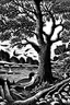 Placeholder: Bach, schwarz weiss, fasan auf baum, fische, krebse, würmer, bäume, wasser, feinere Konturen, leb,
