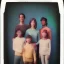 Placeholder: awkward family photo, all wearing the same type of clothes, 1980s, polaroid colors, scratches and dust on photo