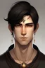 Placeholder: Generie mir einen gutaussehenden männlichen Hexer im Alter von 23 Jahren mit goldbraunen Augen und Runentattoos mit kurzen schwarzem Haar. Er lächelt schelmisch
