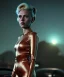 Placeholder: retro sci-fi portrait image from 1990, supermarket parking explosion, fire, scared people, blonde woman walking, young Scarlett Johansson face, tight latex suit, soft color, highly detailed, unreal engine 5, ray tracing, RTX, lumen lighting, ultra detail, volumetric lighting, 3d, finely drawn, high definition, high resolution.