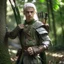 Placeholder: Please create an image for a young elven male with light brown skin, silver hair, and green eyes. He is standing outside in the forest during springtime, carrying a crossbow. There is another walking suit of armor in the background