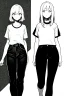 Placeholder: two girls dressed in jeans and a T-shirt walk in the city, line arts, greyscale