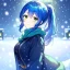 Placeholder: Clear focus, 8k, beautiful lighting, vibrant colors, girl, blue hair, green eyes, ponytail, snowing, winter clothes,