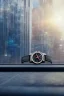 Placeholder: very close up of a very big luxury wrist watch with dark mirror glass stands on table in balcony skyscraper and reflects modern city environment image , to the camera ,centered.