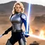 Placeholder: Jeri Ryan as Seven of Nine (born Annika Hansen) is a grey Jedi in fury with her lightsaber in the middle of the battlefield during Order 51