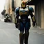 Placeholder: [The Rookie (TV series)] judge dredd in heavy power armour, in the street of los angeles