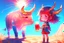 Placeholder: cute chibi holographic girl looking at a red bull animal happily in sunshine