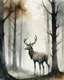 Placeholder: deer with antlers standing sideways, looking at viewer, water color painted, among tall simplified tree trunks, foggy